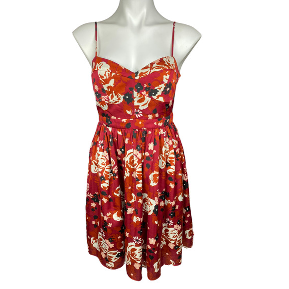 Fossil Size M Dress Spaghetti Straps Fit N Flare Red w/ White Black Pink Floral - Picture 1 of 5